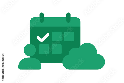 Digital calendar icon with checkmark, user profile, and cloud symbol