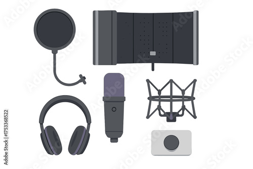 Essential home recording studio equipment featuring microphone, headphones, pop filter, and sound shield