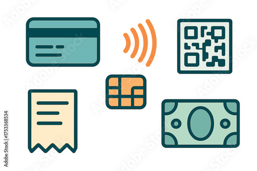 Modern payment methods icons set featuring credit card chip cash receipt and contactless technology