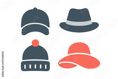 Diverse set of headwear fashion accessories featuring baseball cap, fedora, winter beanie, and wide brim hat