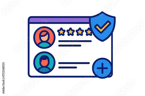 Secure user profile rating and verification interface icon showing customer feedback and trust shield