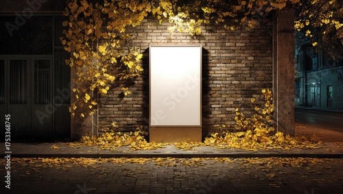 Fototapeta Naklejka Na Ścianę i Meble -  Blank illuminated vertical display on a brick wall, autumn leaves surround it, night setting