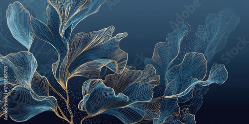 Elegant, abstract botanical illustration with flowing, blue and gold lines over a gradient dark backdrop
