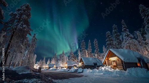 Cinematic wide shot of Santa’s Arctic village, cozy wooden houses glowing warmly in the snow beneath the Northern Lights, magical festive atmosphere and winter wonder.