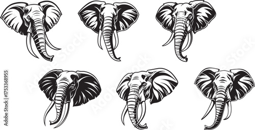 Elephant Head Silhouette Logo – Realistic Black and White Front View Design
