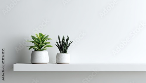 Two potted plants with vibrant green leaves sit on a white shelf against a blank wall