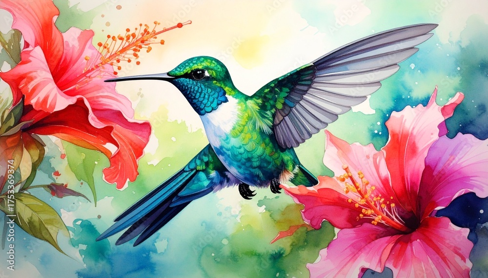 Obraz premium Kolibri, der an einer Blüte schwebt