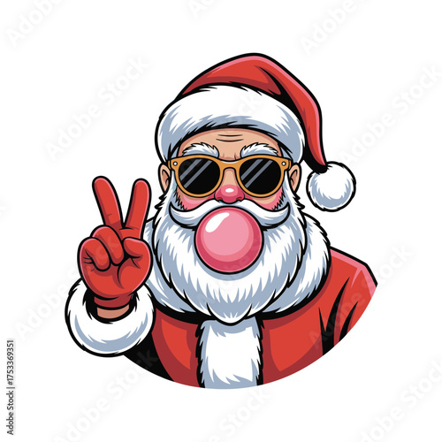 Cool santa claus chewing bubble gum giving peace sign festive christmas character fun holiday spirit