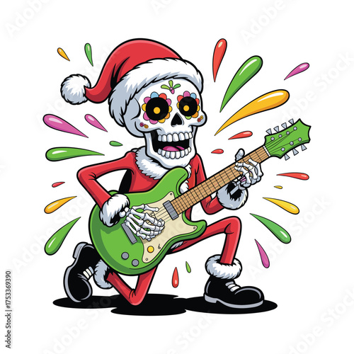 Santa skeleton rocker playing electric guitar festive holiday music celebration cartoon character