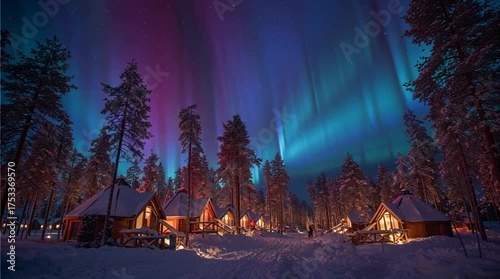 Cinematic wide shot of Santa’s Arctic village, cozy wooden houses glowing warmly in the snow beneath the Northern Lights, magical festive atmosphere and winter wonder.
