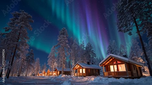 Cinematic wide shot of Santa’s Arctic village, cozy wooden houses glowing warmly in the snow beneath the Northern Lights, magical festive atmosphere and winter wonder.