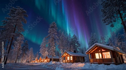 Cinematic wide shot of Santa’s Arctic village, cozy wooden houses glowing warmly in the snow beneath the Northern Lights, magical festive atmosphere and winter wonder.