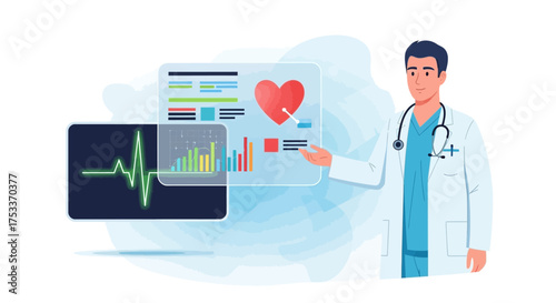 Male doctor presenting medical data on a futuristic screen with heart rate and EKG.