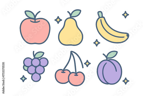 Minimalist fresh fruits collection featuring apple pear banana grapes cherries and plum in outline design