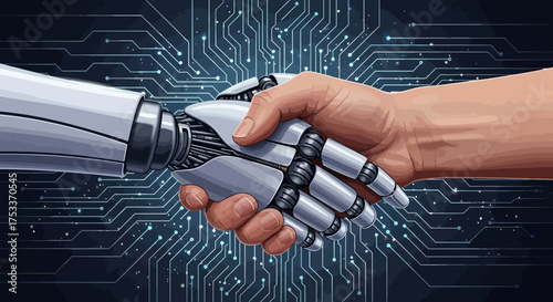A human hand shaking with a robotic arm, symbolizing collaboration and technological advancement.