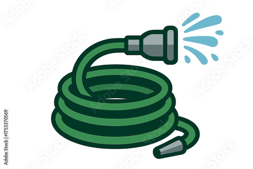 Tightly coiled green garden hose with nozzle actively spraying water droplets