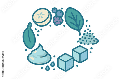 Circular arrangement of fresh smoothie ingredients like banana, berries, spinach, powder, and ice