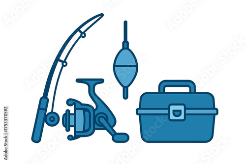 Essential fishing equipment set including rod, spinning reel, bobber, and tackle box for outdoor recreation