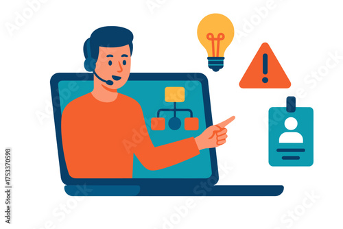 Technical support agent pointing out of a laptop screen with business icons