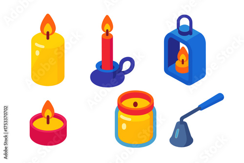 Colorful burning wax candles, decorative lantern, and essential candle snuffer tool set