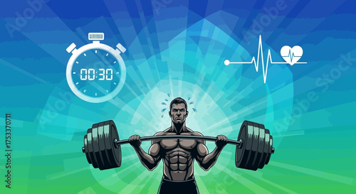 Muscular man lifting a heavy barbell with a stopwatch and heart rate monitor icons, representing fitness, strength training, and health.