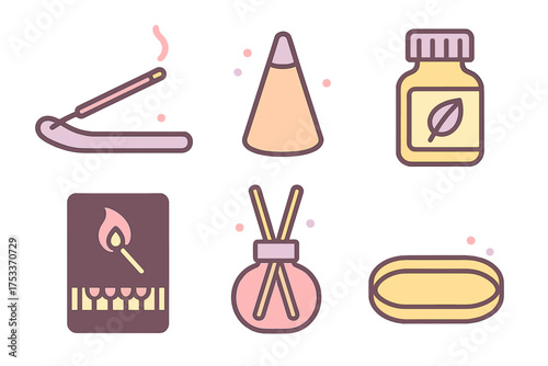 Wellness and relaxation objects: burning incense, essential oil bottle, reed diffuser, and soap