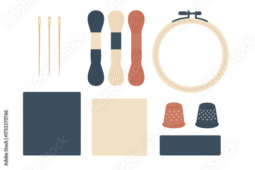 Set of essential sewing and embroidery tools including floss, needles, thimbles, and wooden hoop