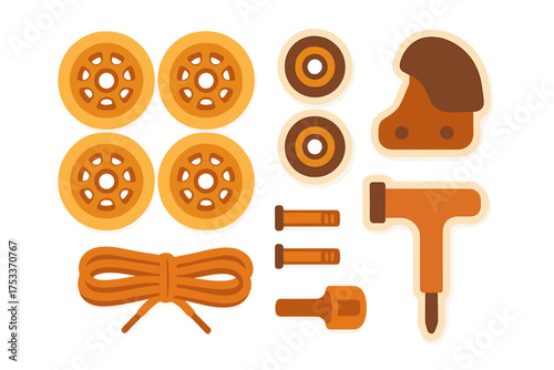 Collection of orange and brown components for skate maintenance including wheels laces and tool