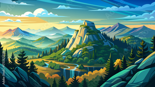 Very beautiful panoramic view of Pisgah National Forest in North Carolina, USA, featuring the majestic Looking Glass Rock surrounded by dense green trees, misty hills, and tranquil natural light.