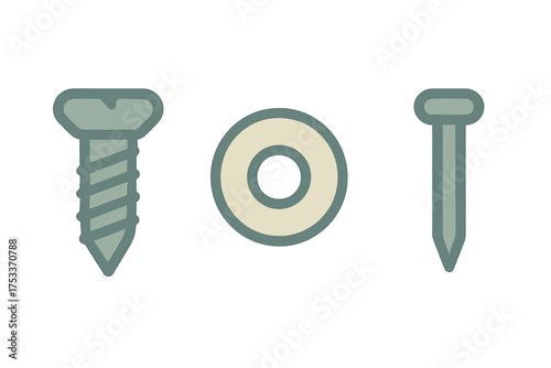 Graphic representation of essential building fasteners: screw, washer, and nail