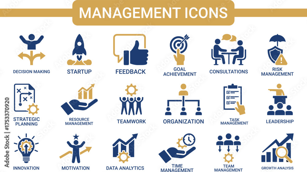 Fototapeta premium Project management icons set, Containing management, workflow, task completed, deadlines, teamwork, goal setting, progress tracking, financial growth, Solid vector icons set collection. illustration