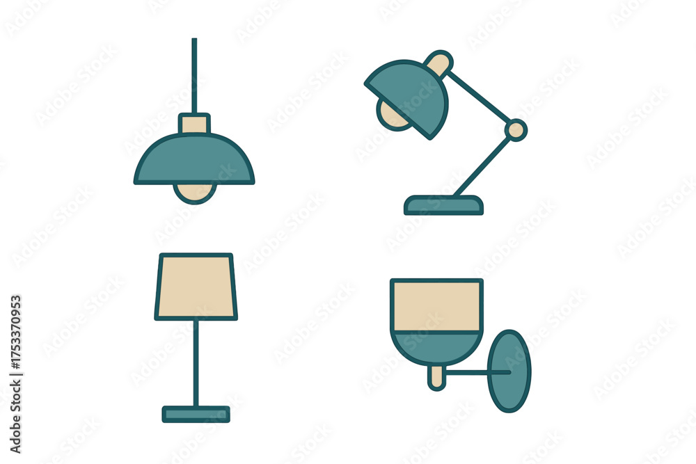 Fototapeta premium Set of modern home lighting fixtures including desk lamp floor lamp and wall sconce