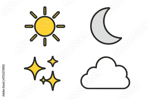 Minimalist set of weather and celestial icons featuring the sun, crescent moon, sparkling stars, and a fluffy cloud