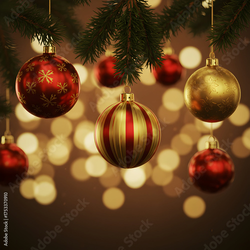 Ornate christmas ornaments hanging against bokeh background
