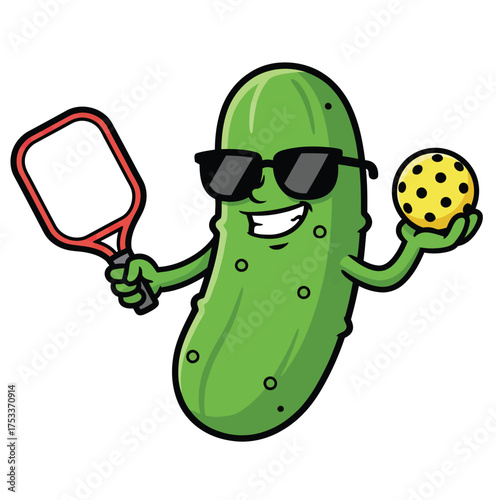 Pickleball pickle cartoon sport sunglasses ball racket fun game character mascot illustration vector design cute on white background
