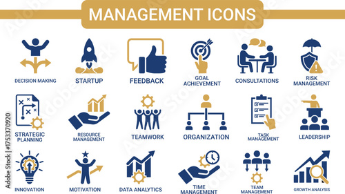 Project management icons set, such as collaboration, workflow, milestones, deadlines and more. Vector illustration. Easily changes to any color. Line art icons set