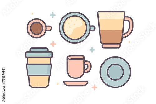 Set of various hot beverage containers including mugs, cups, latte glass, and disposable travel tumbler