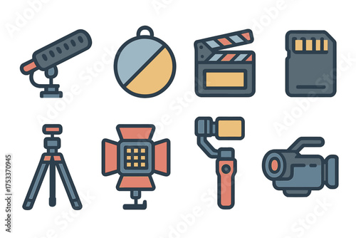 Essential tools and equipment icons for professional video production and filmmaking industry