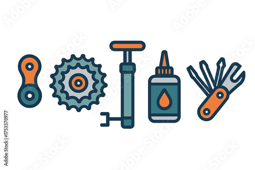 Essential bicycle maintenance tools including chain link, sprocket, air pump, lubricant, and multi-tool