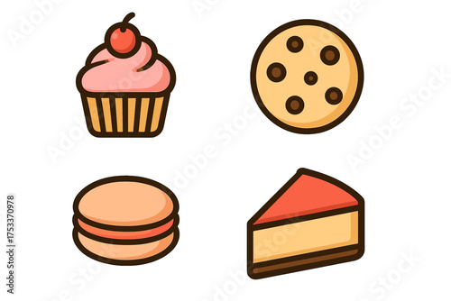 Sweet dessert food items set featuring cupcake, chocolate chip cookie, macaron, and cheesecake slice outline