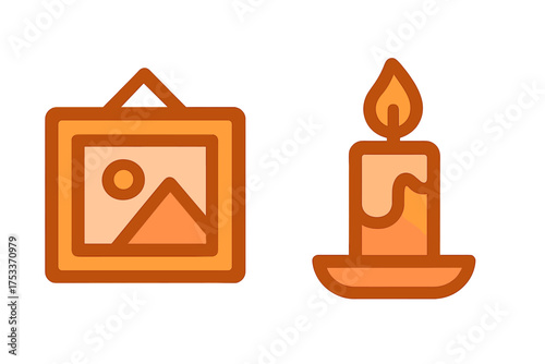Minimalist framed gallery picture and glowing burning candle symbols