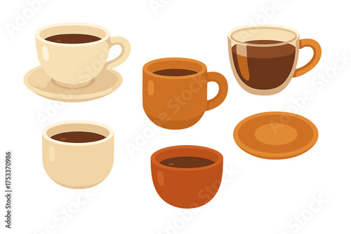 Assortment of ceramic and glass coffee mugs and teacups with saucers containing dark liquid
