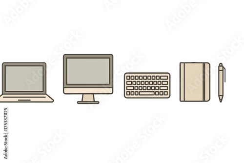 Modern office workspace technology and stationery items set on white background