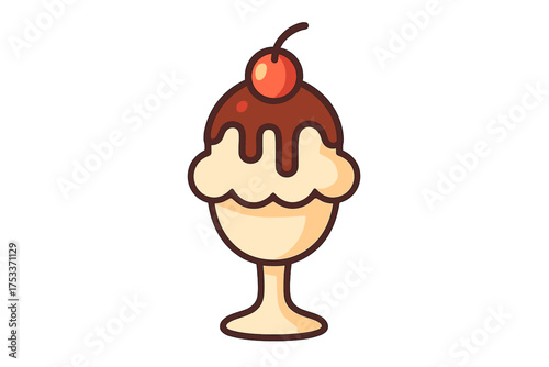 Ice cream sundae dessert topped with chocolate syrup and a maraschino cherry in a glass