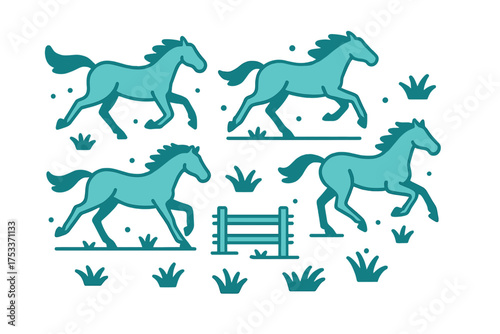Four stylized horses galloping across a grassy field with a small wooden fence barrier