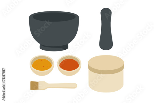 Set of natural beauty preparation tools including mortar pestle and powder bowls