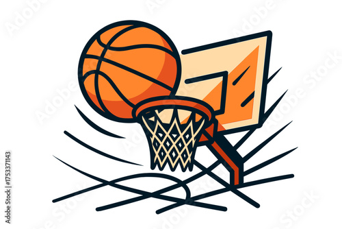 Dynamic basketball shot scoring a point through the net and hoop against a backboard