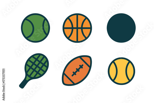 Sports equipment collection featuring various balls and a tennis racket