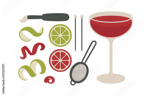Stylish set of cocktail garnishes and bar accessories with coupe glass and citrus peels