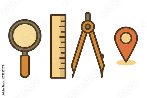 Set of essential navigation and measurement tools including magnifying glass, ruler, compass, and map pin